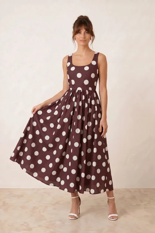 Style Cheat Chocolate Brown & Cream Davica Polka Dot Midi Dress - 16 Image 1