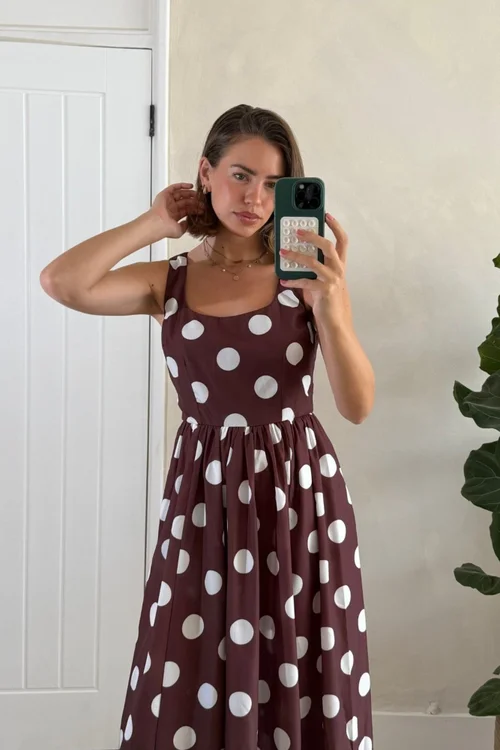 Style Cheat Chocolate Brown & Cream Davica Polka Dot Midi Dress - 16 Image 5