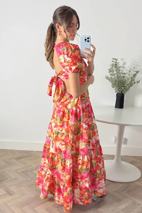 Style Cheat Orange Tropical Print Zoe Tiered Cutout Maxi Dress - 6 Image 4