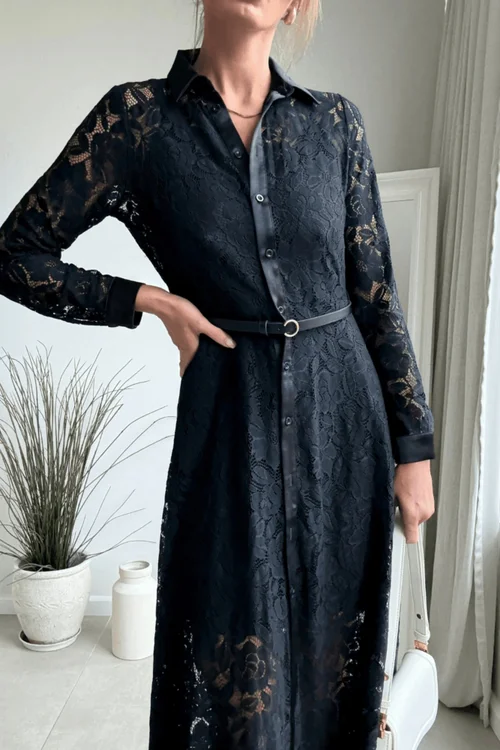 Style Cheat Black Lace Daphne Belted Shirt Dress - 6 Image 3