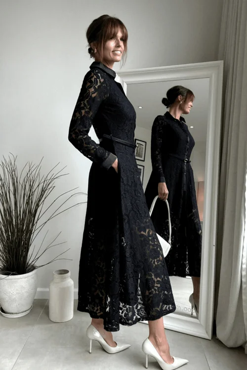 Style Cheat Black Lace Daphne Belted Shirt Dress - 6 Image 2