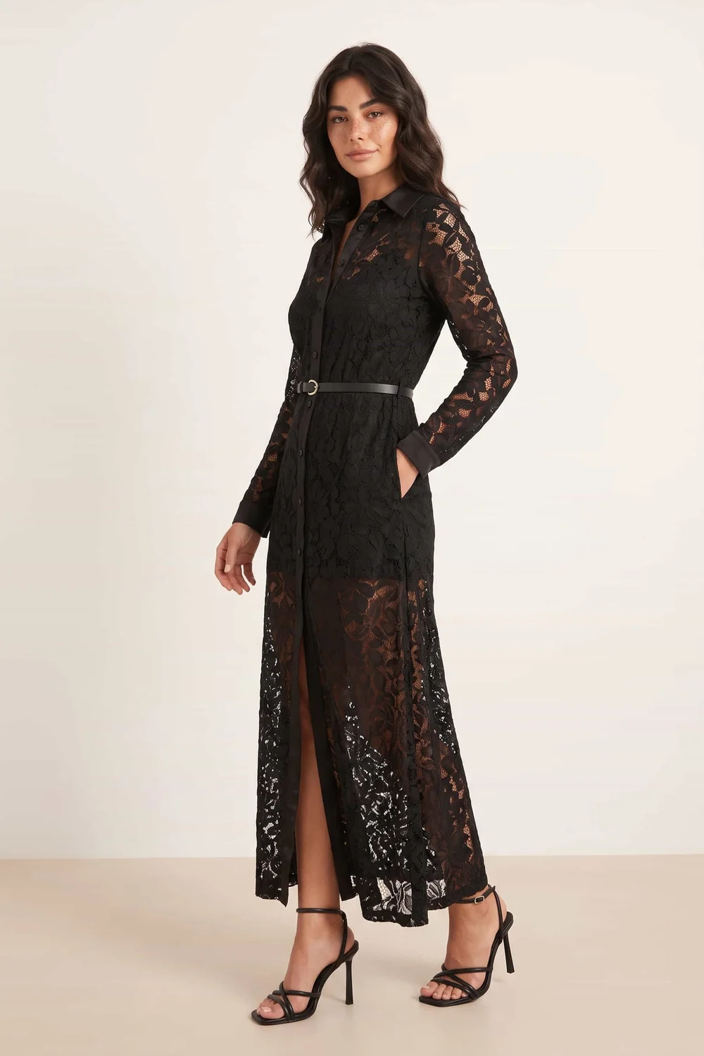 Style Cheat Daphne Black Lace Belted Shirt Dress - 12 Image 2