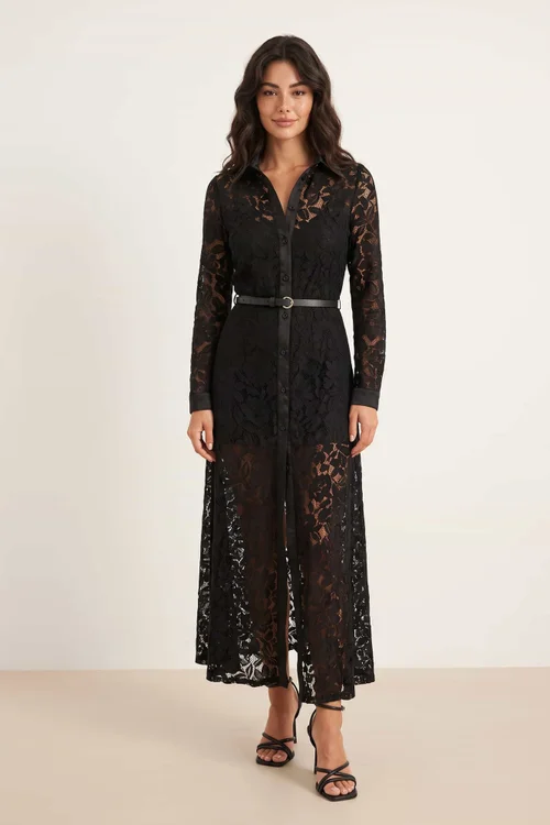 Style Cheat Daphne Black Lace Belted Shirt Dress - 12 Image 1