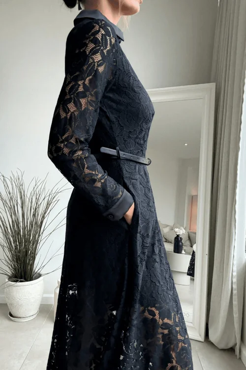 Style Cheat Black Lace Daphne Belted Shirt Dress - 6 Image 6