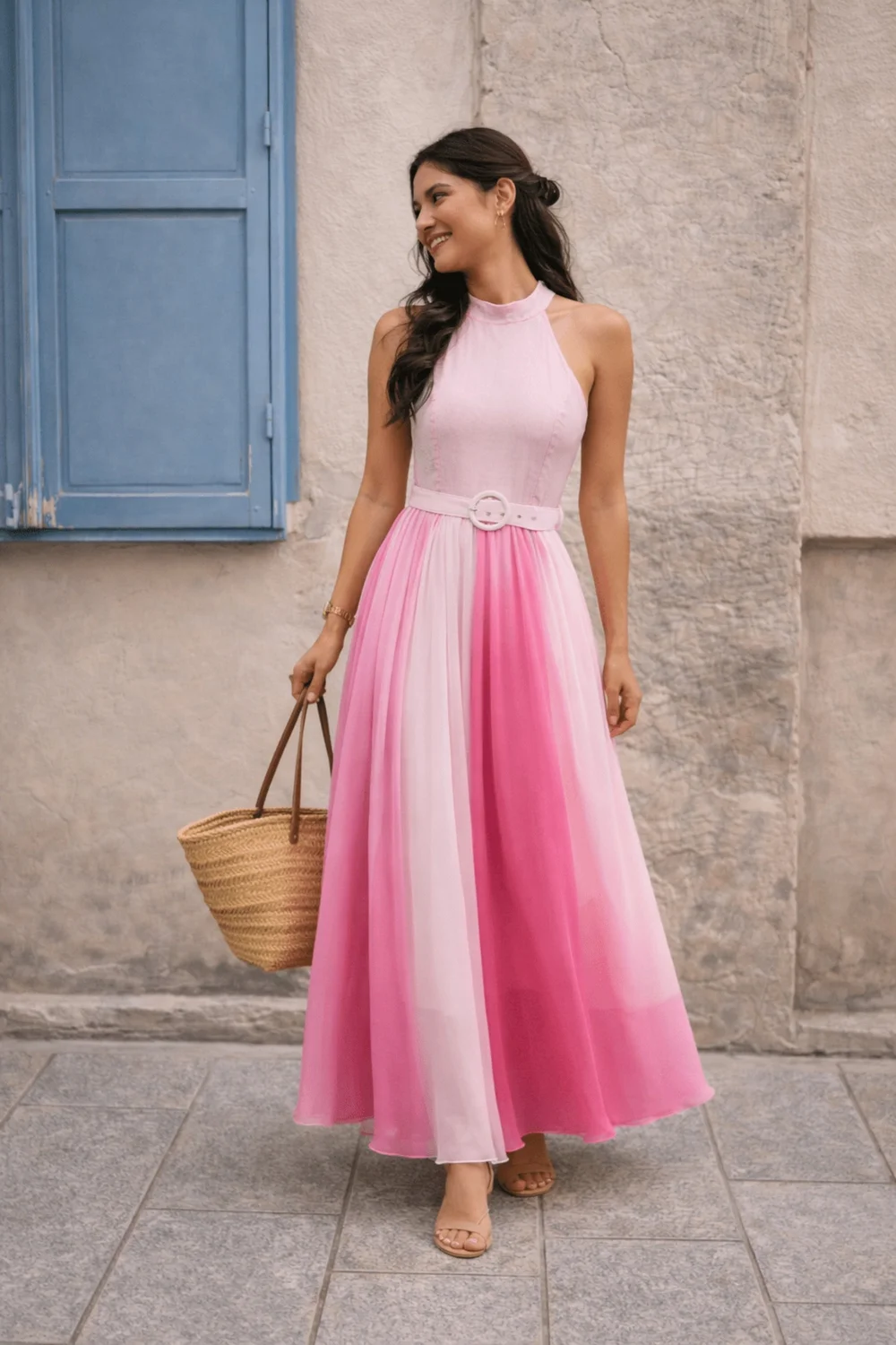 Style Cheat Pink Luisa Belted Pleated Maxi Dress Ombre - 6 Image 1