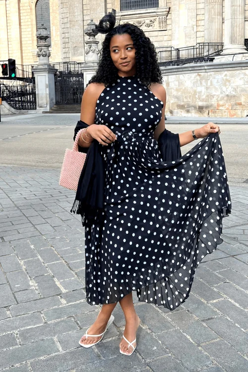 Style Cheat Black Mono Polka Dot Luisa Belted Pleated Maxi Dress - 18 Image 4
