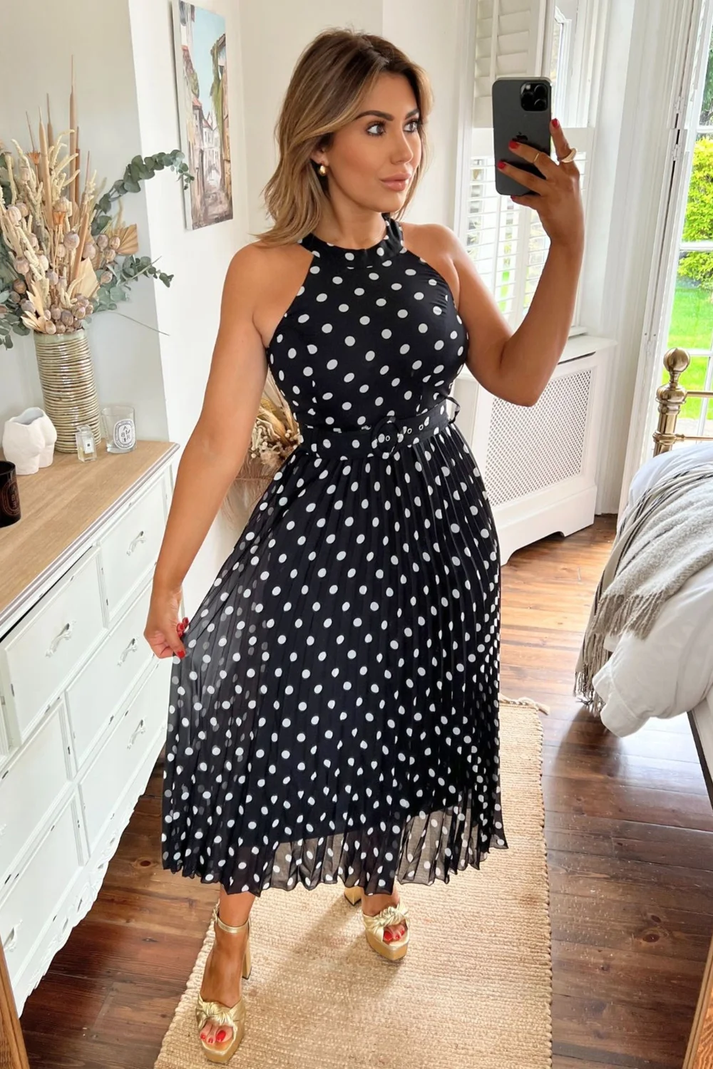 Style Cheat Black Mono Polka Dot Luisa Belted Pleated Maxi Dress - 18 Image 2