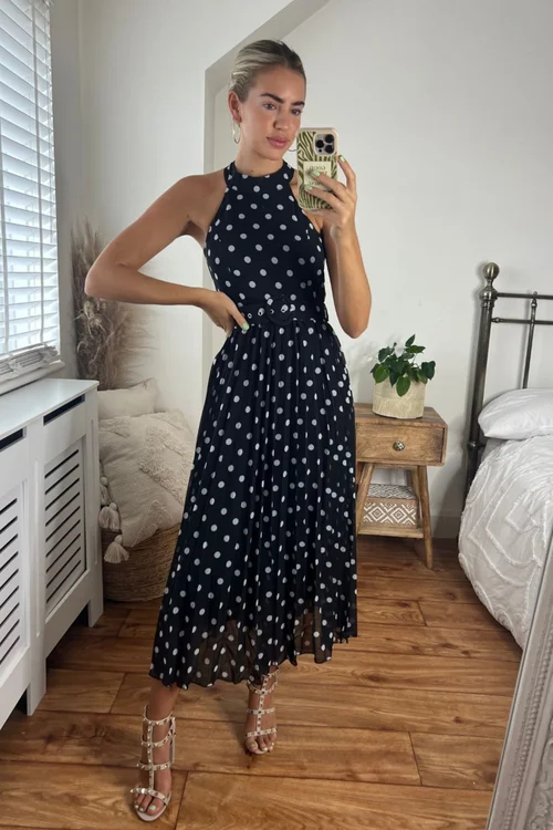 Style Cheat Black Mono Polka Dot Luisa Belted Pleated Maxi Dress - 18 Image 1