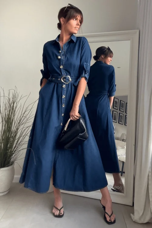 Style Cheat Blue Denim Daphne Belted Shirt Dress - 16 Image 3