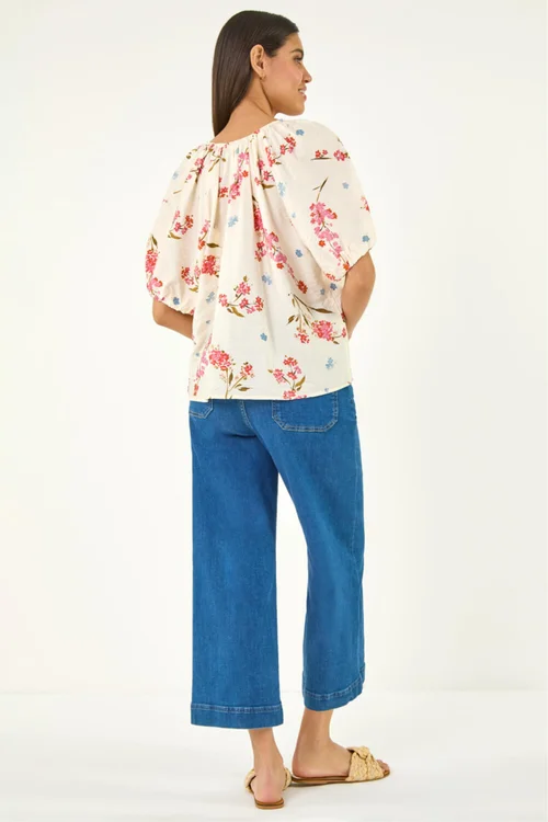 Roman Ivory Floral Print Tie Front Top - 20 Image 3
