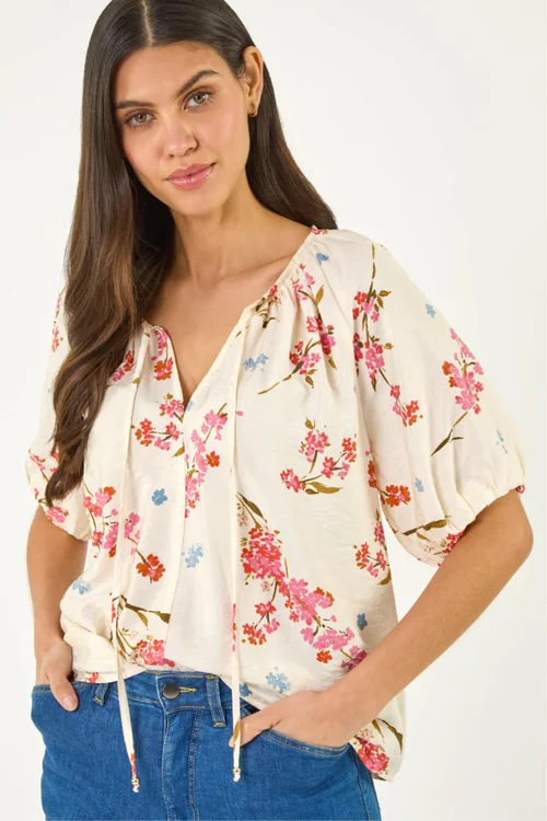 Roman Ivory Floral Print Tie Front Top - 20 Image 1