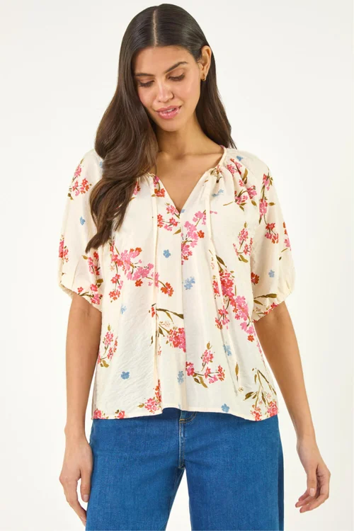 Roman Ivory Floral Print Tie Front Top - 20 Image 4