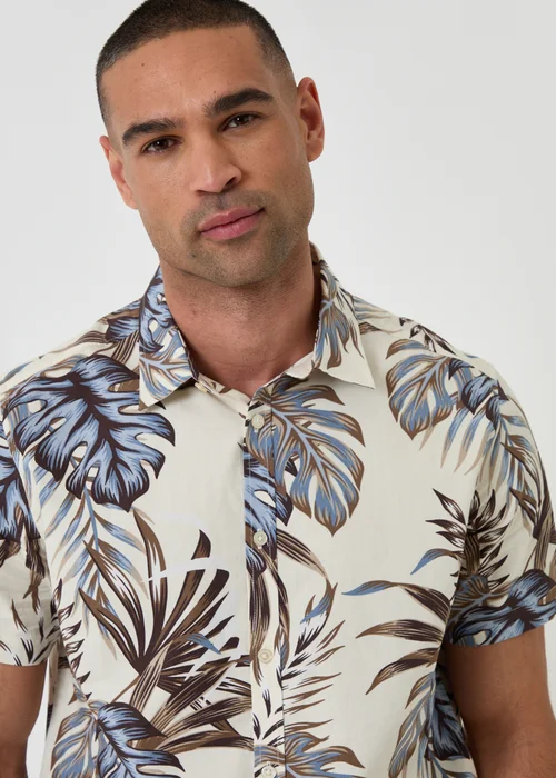 Threadbare Navy Leaf Print Cotton Short Sleeve Shirt - M Image 4