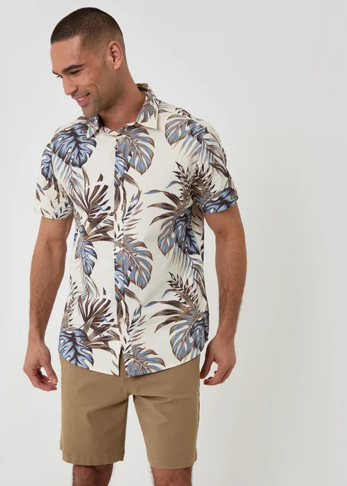 Threadbare Navy Leaf Print Cotton Short Sleeve Shirt - M Image 1
