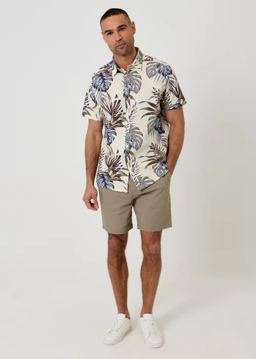 Threadbare Ecru Leaf Print Cotton Short Sleeve Shirt - M Image 3