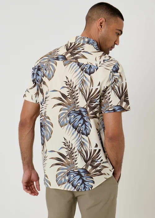 Threadbare Ecru Leaf Print Cotton Short Sleeve Shirt - M Image 2