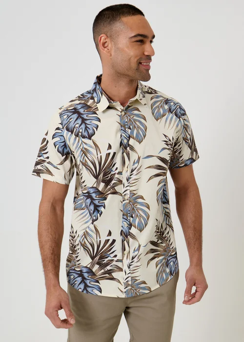 Threadbare Ecru Leaf Print Cotton Short Sleeve Shirt - M Image 1