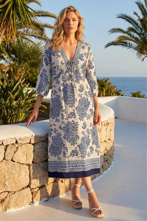 Roman Navy Border Print V-Neck Midi Dress - 16 Image 1