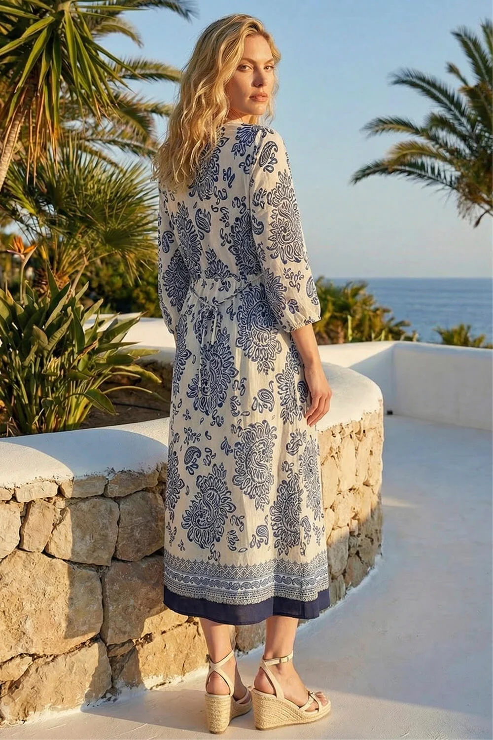 Roman Navy Border Print V-Neck Midi Dress - 16 Image 3