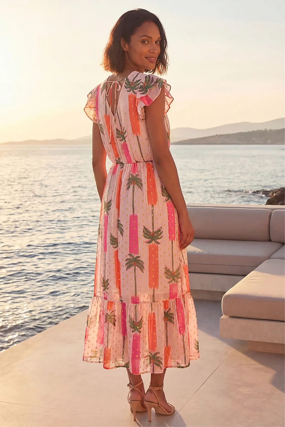 Dusk Light Pink Palm Shimmer Frill Maxi Dress - 12 Image 3