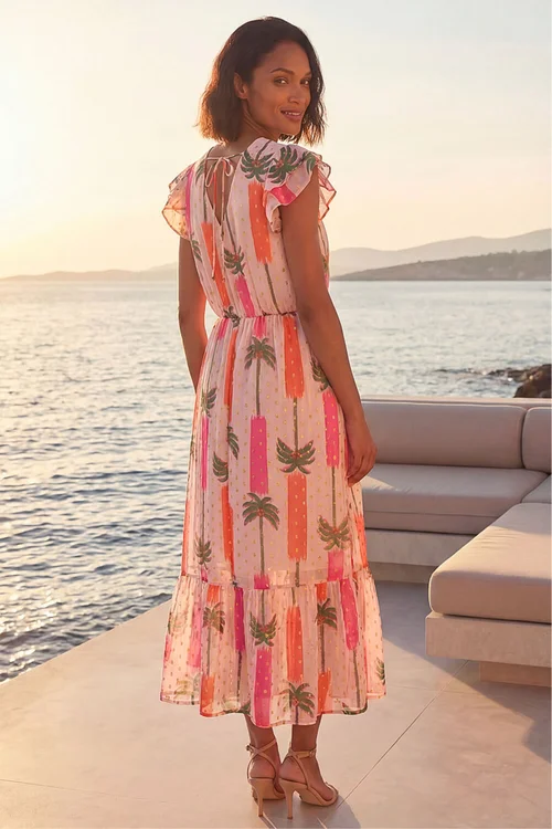 Dusk Light Pink Palm Shimmer Frill Maxi Dress - 12 Image 3