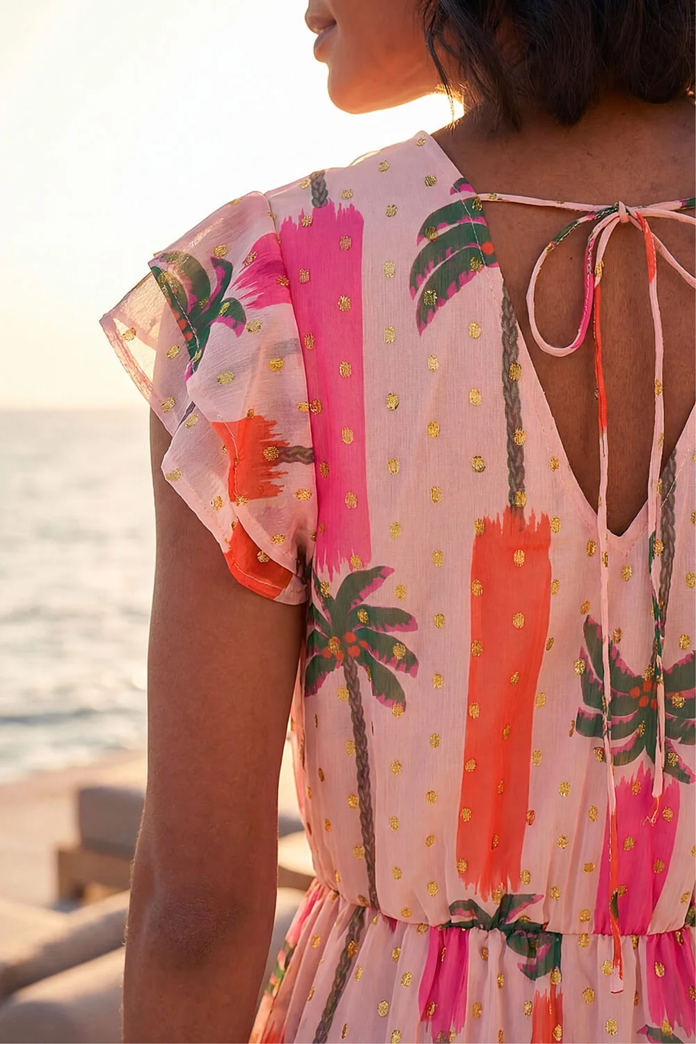 Dusk Light Pink Palm Shimmer Frill Maxi Dress - 12 Image 4