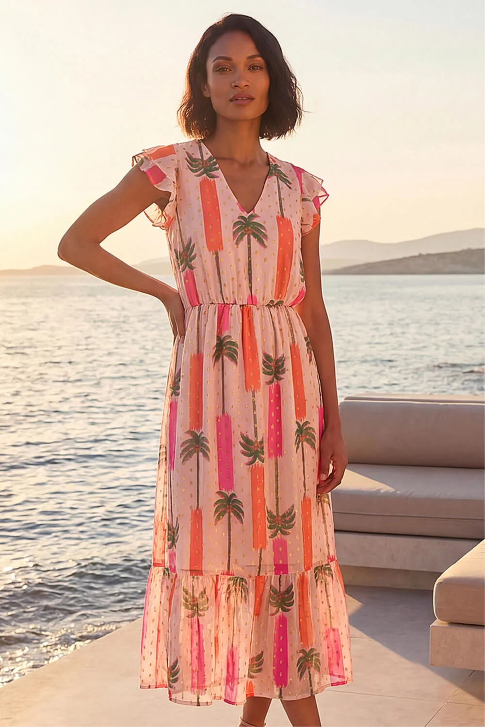 Dusk Light Pink Palm Shimmer Frill Maxi Dress - 12 Image 2
