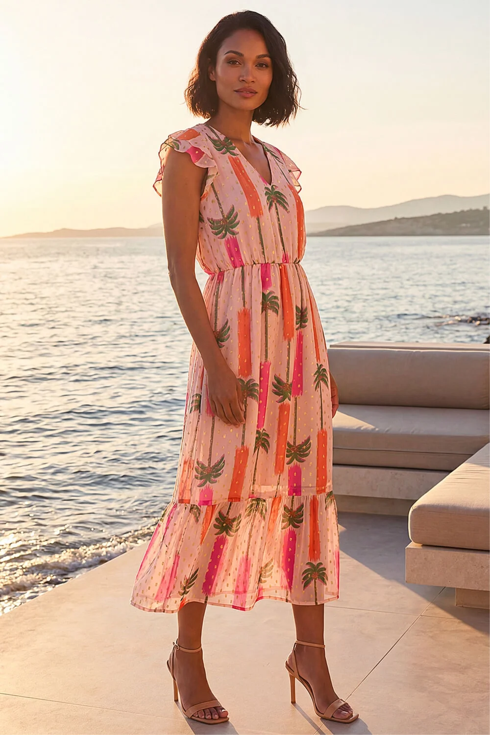 Dusk Light Pink Palm Shimmer Frill Maxi Dress - 12 Image 1