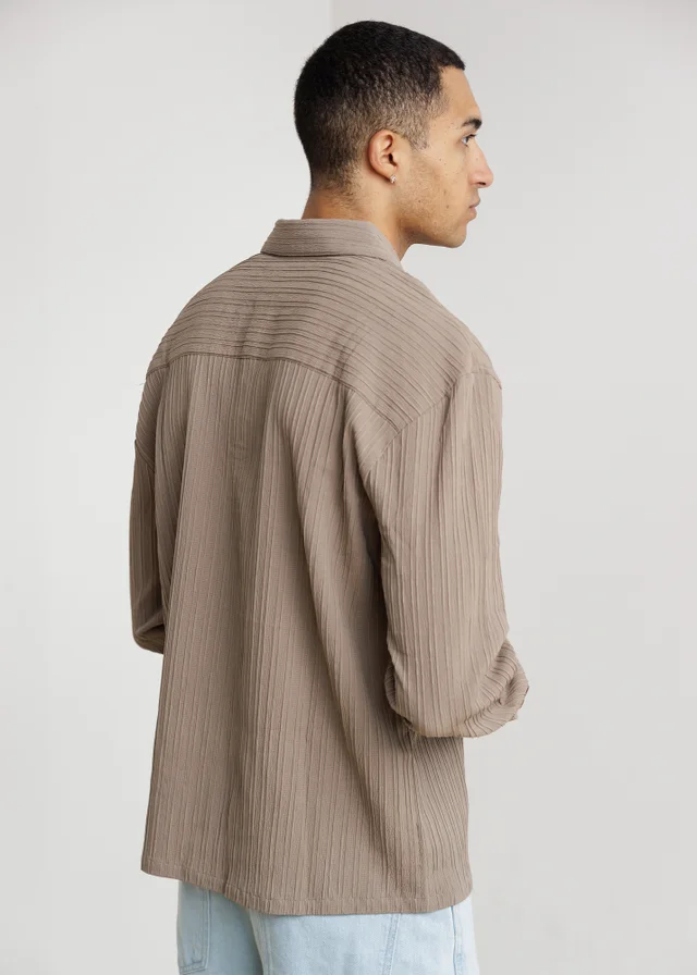 Influence Taupe Plisse Textured Long Sleeve Button Shirt