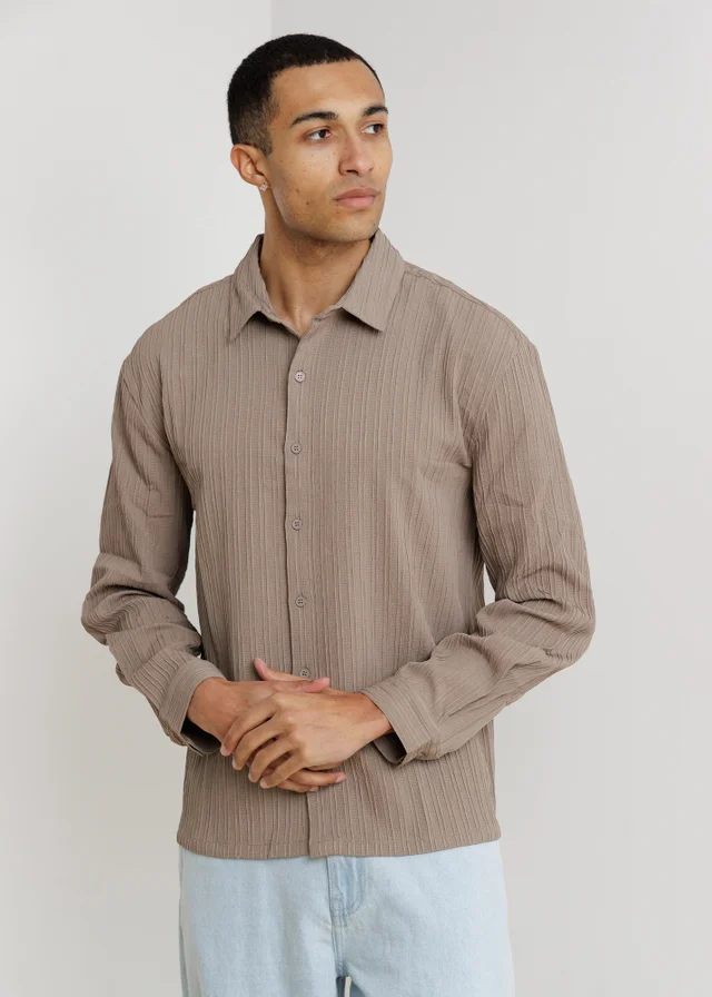 Influence Taupe Plisse Textured Long Sleeve Button Shirt