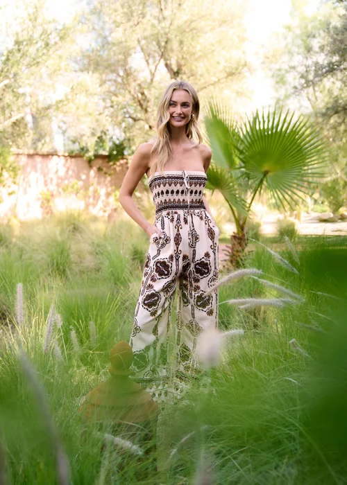 Blue Vanilla Brown Tribal Print Bardot Tie Neck Jumpsuit - S/M Image 3
