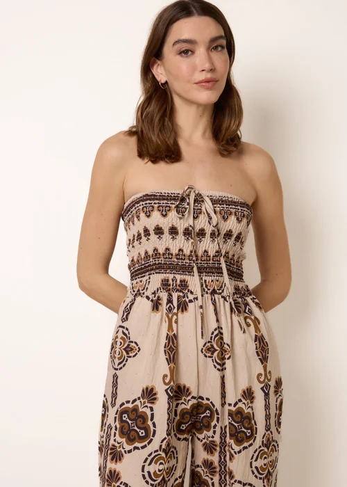 Blue Vanilla Brown Tribal Print Bardot Tie Neck Jumpsuit - S/M Image 4