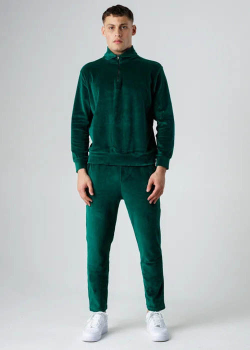 Influence Green Velour Half Zip Funnel Neck Sweatshirt & Jogger Tracksuit - S Image 1