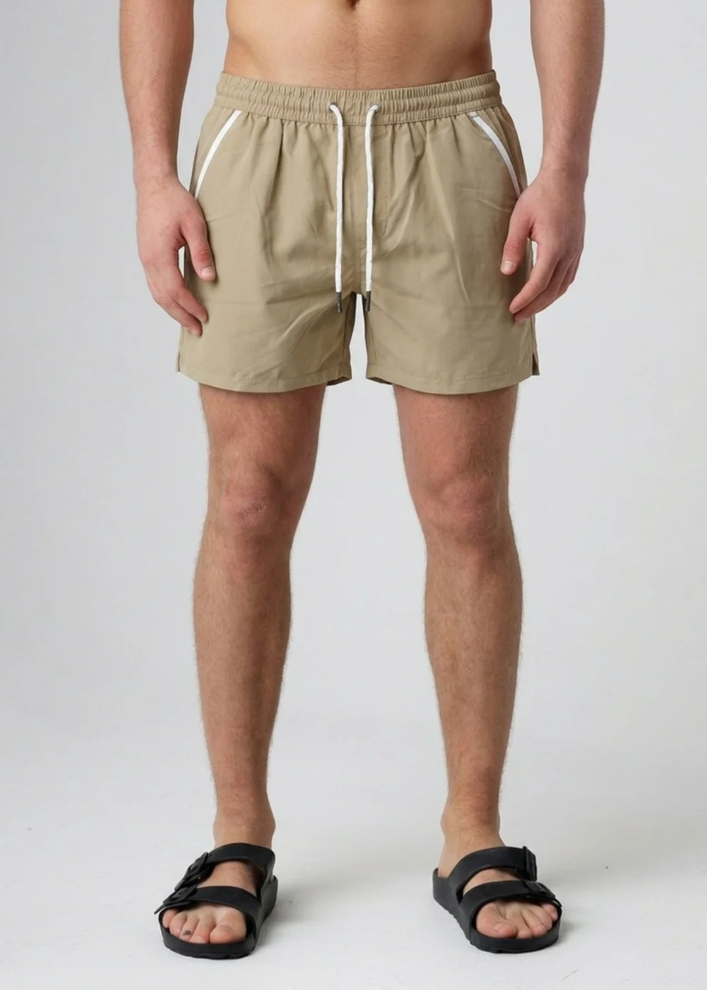 Influence Taupe Elasticated Stripe Swim Shorts - M Image 1