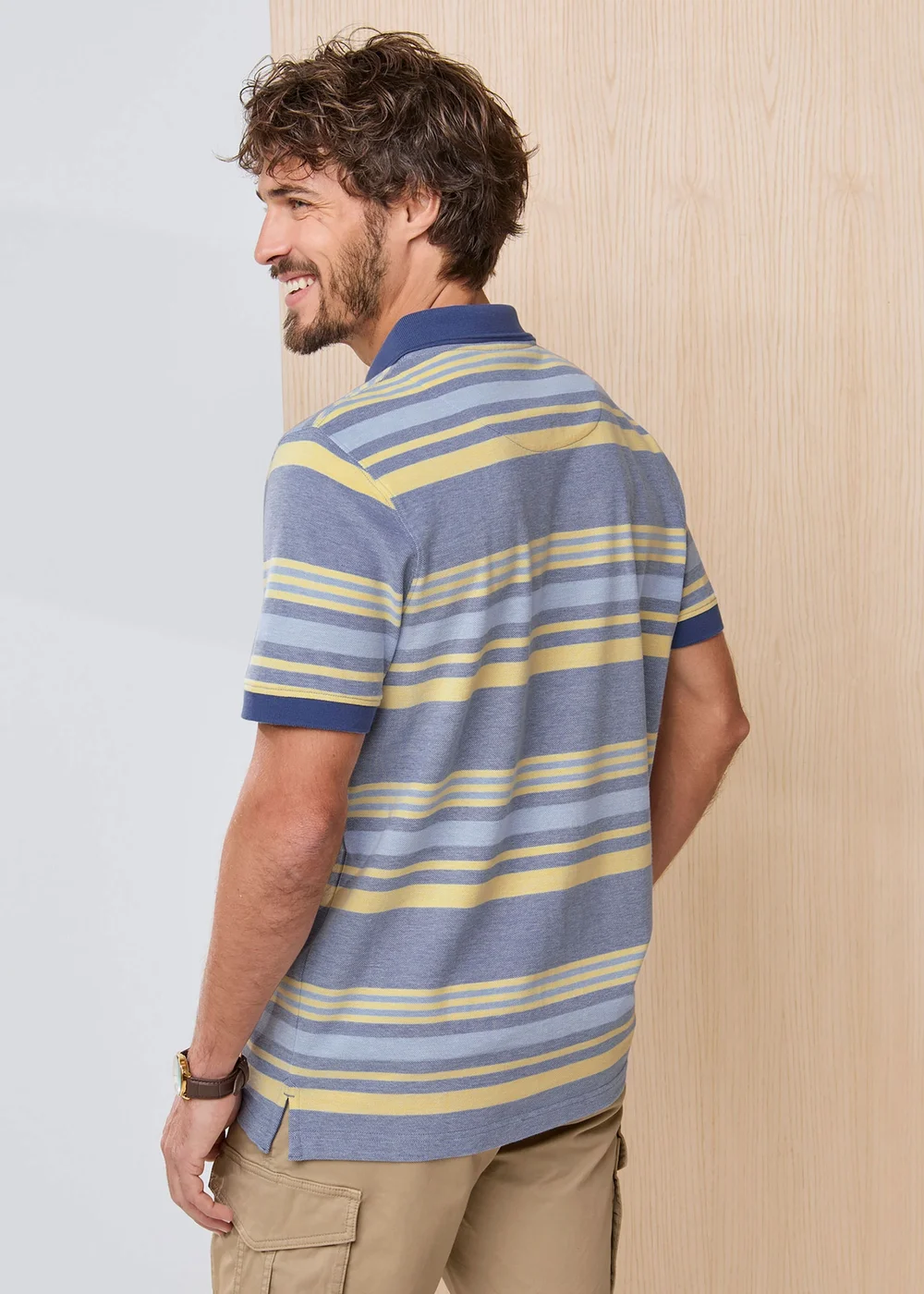 Cotton Traders Blue / Yell Signature Short Sleeve Birdseye Stripe Polo Shirt - M Image 3