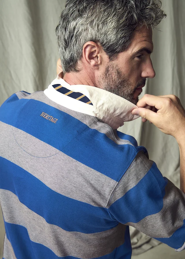 Cotton Traders Blue/Grey Heritage Short Sleeve Embroidered Rugby Shirt