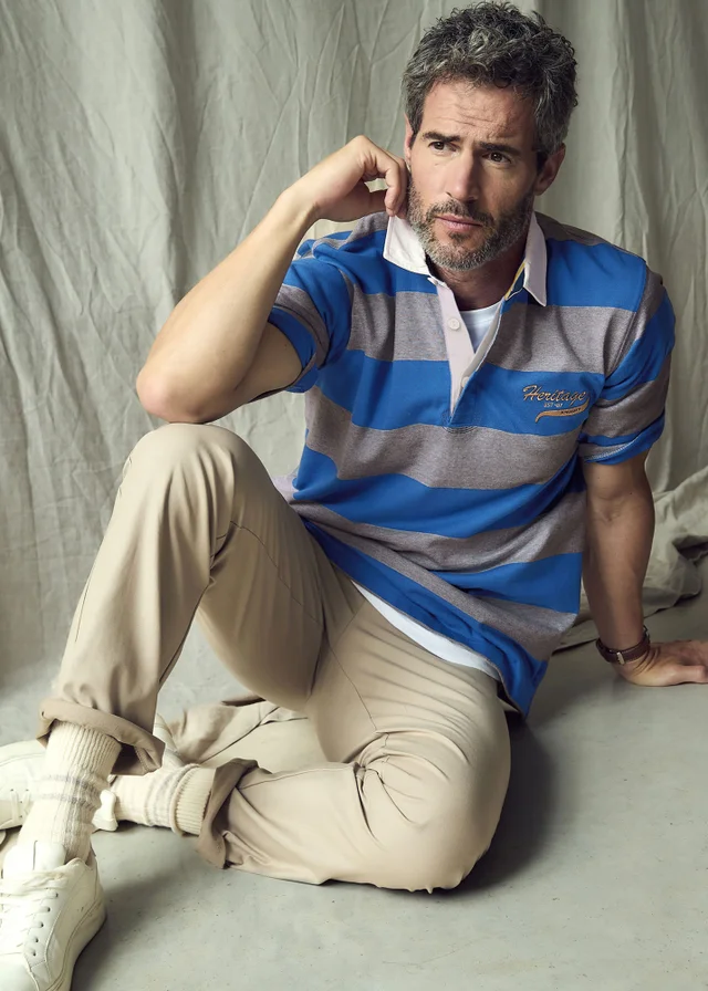 Cotton Traders Blue/Grey Heritage Short Sleeve Embroidered Rugby Shirt