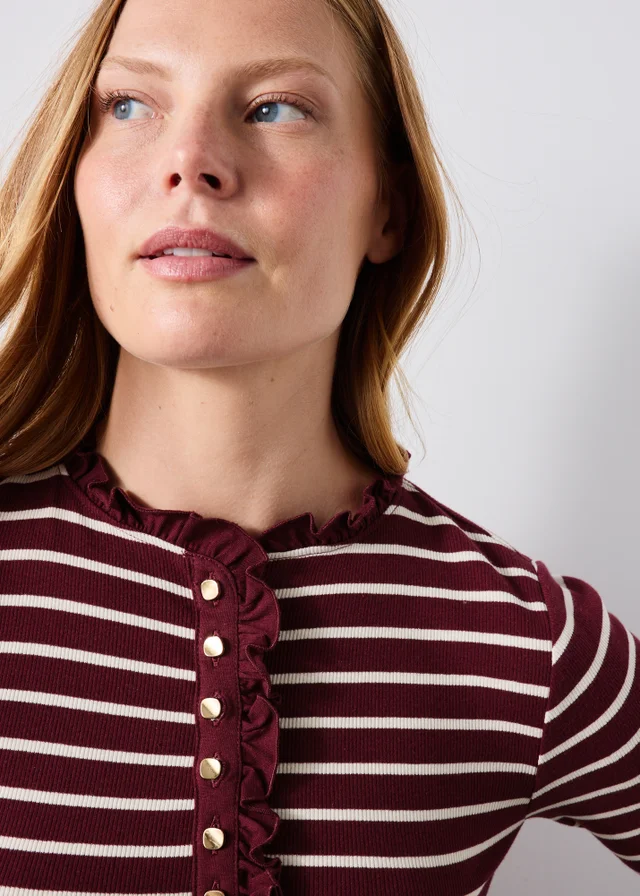 Burgundy Frill Neck Henley Striped Top