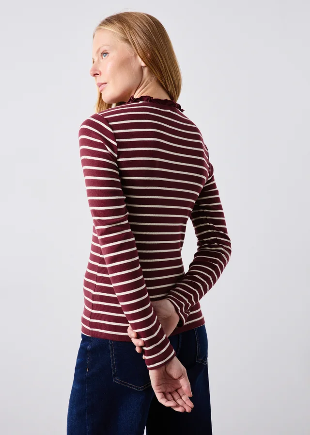 Burgundy Frill Neck Henley Striped Top