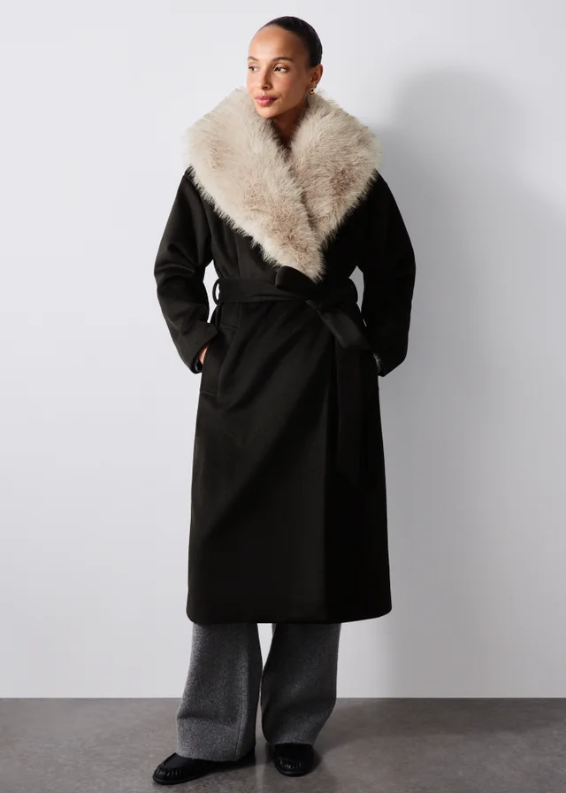 Black Faux Fur Collar Belted Coat