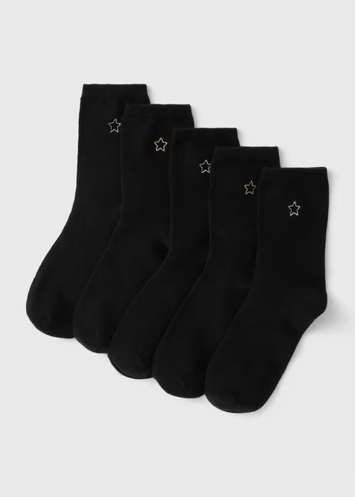 5 Pack Black Star Embroidered Ankle Socks - One Size Image 1