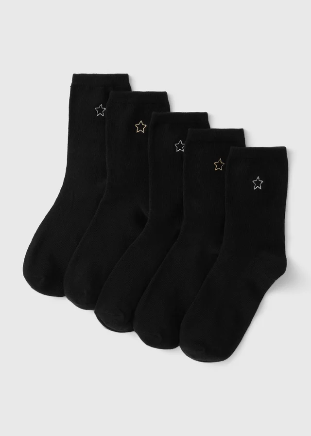 5 Pack Black Star Embroidered Ankle Socks