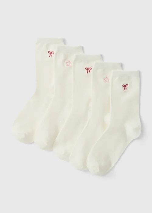 5 Pack Cream Bow Ankle Socks - One Size Image 1