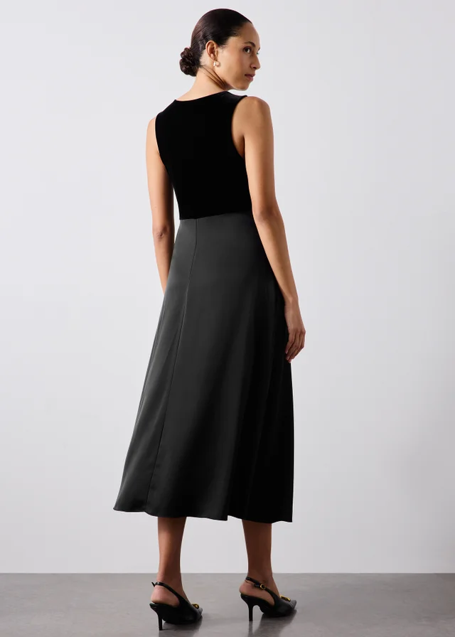 Black Satin Velvet Midaxi Dress