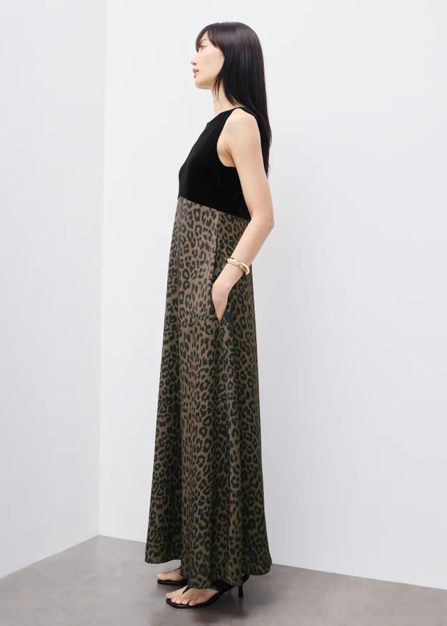 Leopard Satin Velvet Midaxi Dress