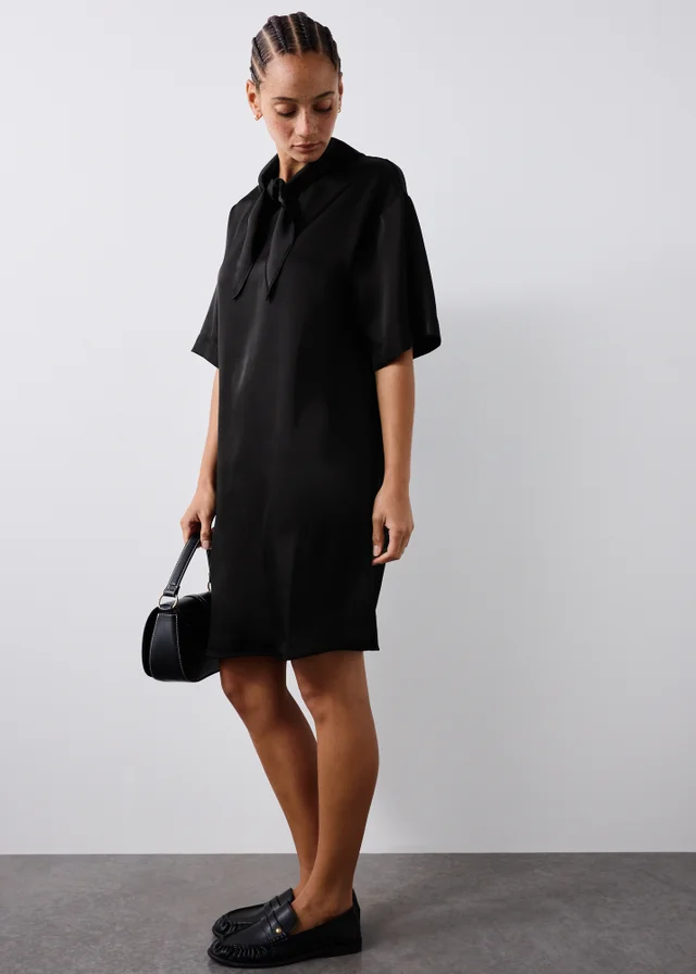 Black Satin Scarf Neck Detail Mini Dress