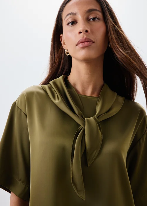 Olive Satin Scarf Neck Detail Mini Dress - 8 Image 3