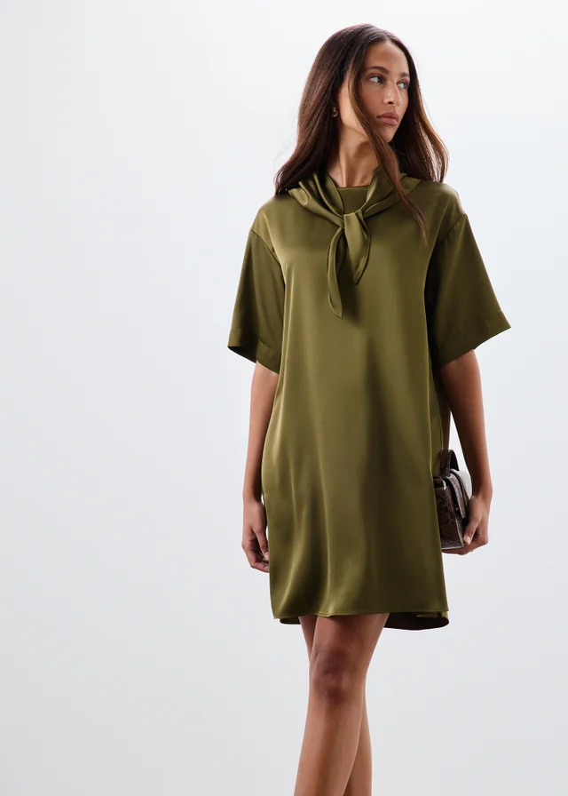 Olive Satin Scarf Neck Detail Mini Dress