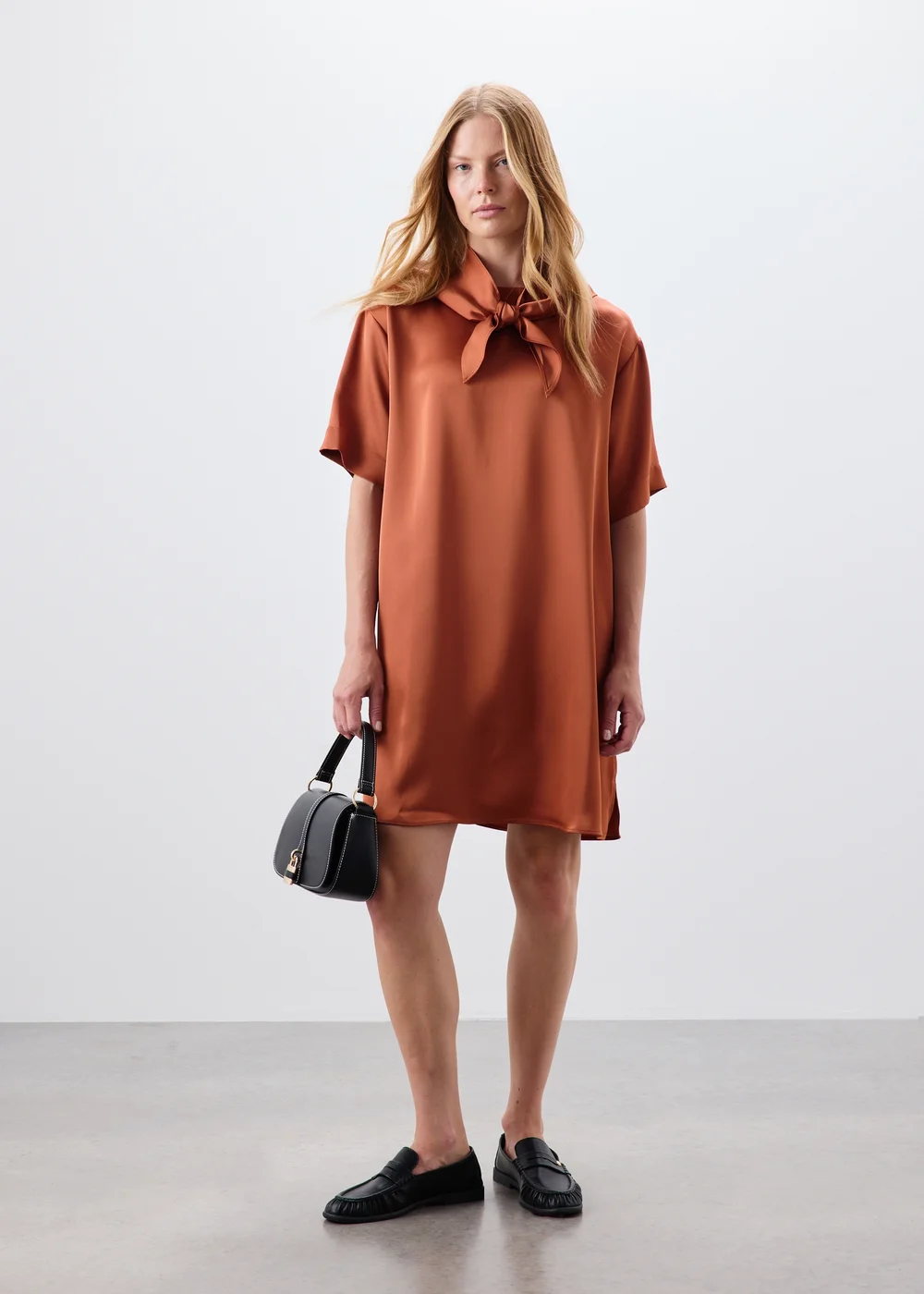 Orange Satin Scarf Neck Detail Mini Dress - 8 Image 1