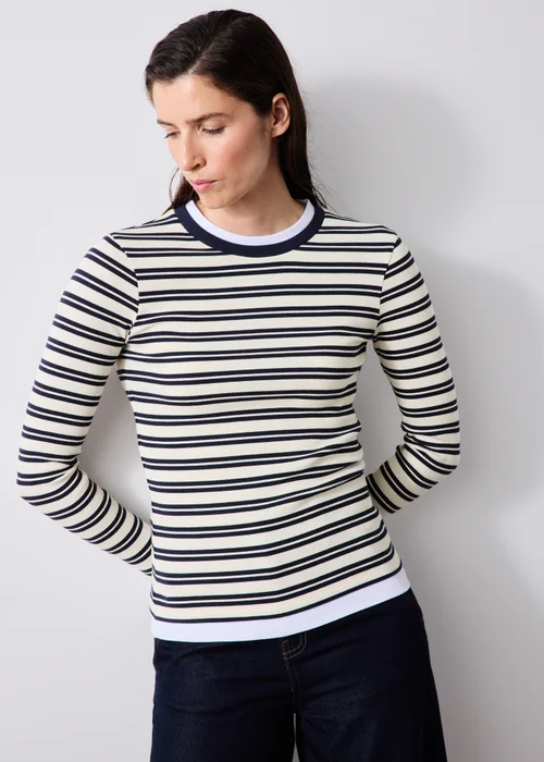 Navy Ribbed Double Layer Striped T-Shirt - 8 Image 1